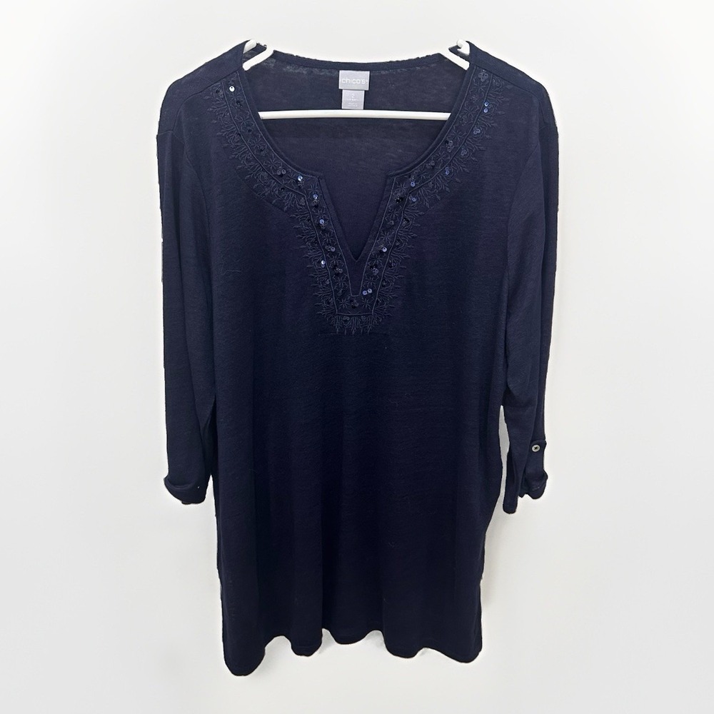 Chicos Womens Linen Navy Blue Embroidered Tunic Top Sz 2 L Boho Coastal‎ Resort